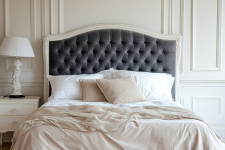 Luxurious bed with a grey velvet headboard and beige fabric bedding on a white wooden frame in a bedroom interior, with ample copy space. --ar 3:2 --v 6.1 Job ID: 6cf26fc8-2890-4ed7-a3c1-d218e44cb9a2の素材
