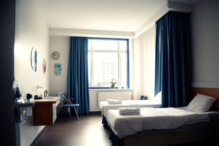High-resolution photograph of a modern hotel room with two beds, blue curtains on the windows, a wooden floor, white walls, a small table and chair near the bed, a wide-angle shot, natural light from the large windows, bright colors, a professional photography style, capturing every detail in high resolution, taken with a Canon EOS camera with a macro lens. --ar 3:2 --v 6.1 Job ID: 6c1b54a8-8baa-4ad7-9eca-610fe0fe6c89の素材