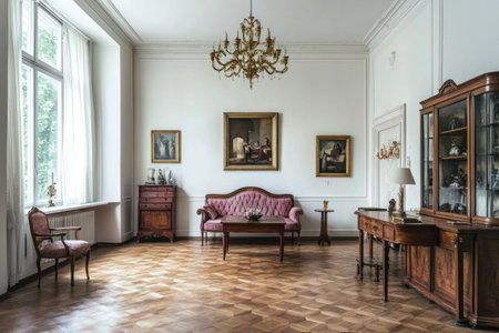 Elegant living room with a parquet floor, an antique sofa and desk in pink tones, a golden chandelier hanging from the ceiling, white walls with paintings on them, and a wooden cabinet near the window. Beautiful interior design of a modern apartment or hotel for a relaxation space. --ar 3:2 --v 6.1 Job ID: ac42b0a2-1b22-4a1b-a8f5-736589e8fe86の素材