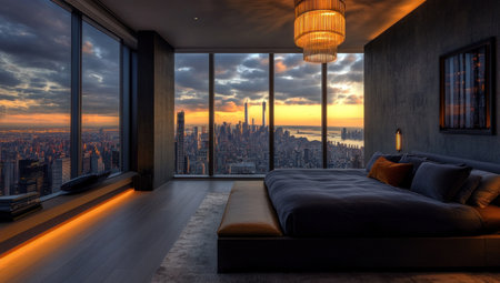 Dark gray bedroom with floor-to-ceiling windows, modern in style, a large bed and long bench at the head of it, dark concrete walls, light wood flooring, city skyline outside the window, soft lighting from a hanging chandelier, sleek design elements. --ar 53:30 --v 6.1 Job ID: 0fa494a9-ec7a-4891-95eb-173435b05687の素材