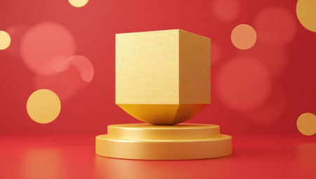 Golden cube-shaped object sits atop a golden pedestal, which is positioned against a red background.  Soft-focus circles of the same gold and red tones are scattered in the background.  The image conveys a sense of modern design, minimalism, and a blank space perfect for product display or other creative content.の素材