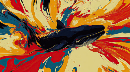 Stylized depiction of a whale, rendered in a vibrant abstract style, against a backdrop of swirling, colorful splatters and textures, creating a dynamic and visually impactful piece of artwork.の素材