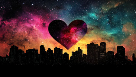 A silhouette of the city skyline at night, with buildings forming an outline that resembles a heart shape, and a vibrant, colorful galaxy sky in the background. A heart-shaped nebula is visible among the stars, adding a romantic touch to the urban landscape. The color palette includes shades of pink, purple, red, yellow, orange, green, and blue against the black night sky. High resolution, detailed. --ar 53:30 --v 6.1 Job ID: f29df211-6f8a-44e4-a8d0-ae92e762d721の素材
