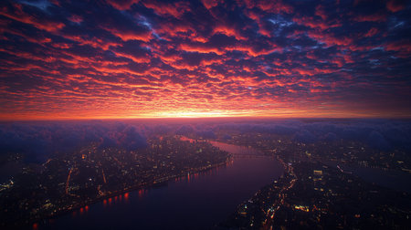 Panoramic view of a sprawling metropolis at sunset, highlighting the city's lights reflecting on a river, contrasted against a dramatic sky filled with vivid clouds in shades of red, pink, and orange. The perspective is from high above, offering a comprehensive view of the urban landscape.の素材
