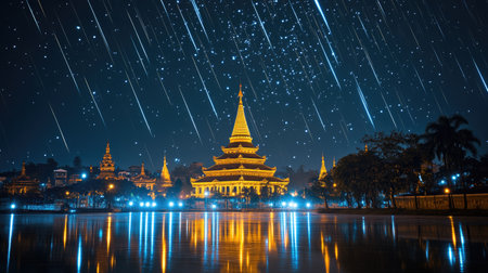 Picturesque night scene of a city with pagodas, reflecting in a calm body of water, lit by lights and illuminated by a spectacular starry sky with shooting stars.の素材