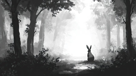 Grayscale digital illustration of a forest scene. A single rabbit sits on a path within the woods, which are shrouded in a light mist. The image has a contemplative and slightly mysterious tone.の素材