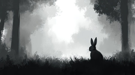 Grayscale illustration of a rabbit sitting in a field of grass in a misty forest. The image features a serene and tranquil atmosphere.の素材