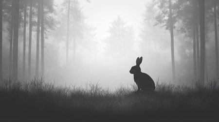 Grayscale image depicts a silhouette of a rabbit sitting amidst tall grass in a misty forest.  Tall trees and a foggy atmosphere create a serene and tranquil scene.の素材