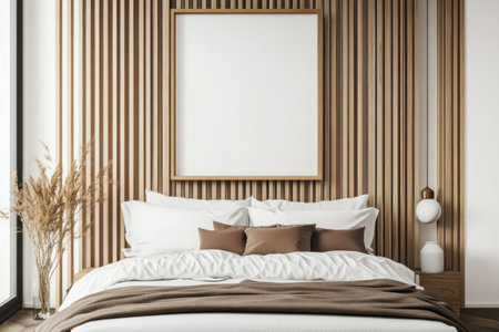Modern bedroom interior with a bed, white walls, and vertical wooden slats on the walls. A large poster frame hangs above the head of the bed. The color palette is warm, with beige and brown tones, in a minimalistic style. Captured in a wide-angle shot, providing a perspective view. --ar 3:2 --v 6.1 Job ID: 8ed66ac7-ed42-41c6-a686-1187e4919b37の素材