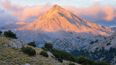 Mountain peak stands tall against a backdrop of a valley and surrounding hills, bathed in the warm, golden light of a sunrise or dawn.  The scene includes a variety of colors and textures from the light on the mountain to the shaded valleys and varied vegetation.  The overall impression is one of a majestic, natural, and tranquil landscape.の素材