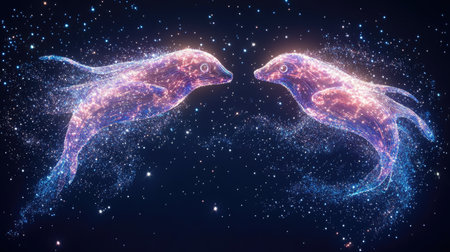 Two digitally created dolphins, appearing as luminous, glowing particles against a backdrop of stars, showcasing a vibrant and ethereal design. The dolphins' outlines are formed by glowing particles of various colors, especially pink, purple and blue.の素材