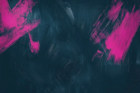 Dramatic abstract design features bold, vibrant pink brushstrokes layered on a dark navy blue background. The brushstrokes are varied in size and direction, creating a dynamic and textured effect.  The interplay of color and texture creates a captivating visual.の素材