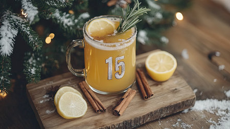 A wooden tray with hot apple cider, rosemary, and lemon on it, next to the Christmas tree, against a snowy background. The drink is in an old mug, garnished with cinnamon sticks and sliced lemons. A cozy winter scene with twinkling lights illuminating the room. --chaos 30 --ar 16:9 --v 6.1 Job ID: eac39bfe-36b3-4153-af54-f67df2218a84の素材
