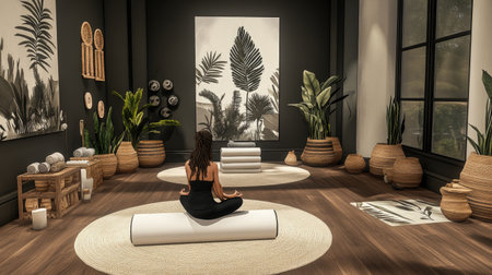 a wellness-focused fitness corner with foam rollers, yoga mats, and peaceful decor, symbolizing a mindful fitness routine --chaos 30 --ar 16:9 --v 6.1 Job ID: 5cfd4ca6-ad57-4dae-b7b4-c67735eefa8bの素材