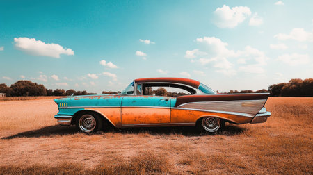 A rusted classic car, split in half, with one side being orange and the other blue, sits on an open field under a bright sky. The scene captures a sense of nostalgia for bygone days, as well as environmental decay. --chaos 30 --ar 16:9 --v 6.1 Job ID: 1a8b5d3f-fb33-42fb-b092-8c036820a6eeの素材