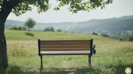 A simple wooden bench with black metal armrests stands in the middle of an open field, surrounded by green grass and trees. The bench is facing forward, inviting people to sit on it. There's no one around, and no other objects are visible except the park bench. This scene captures a peaceful and serene atmosphere in nature, perfect for relaxation or contemplation. --chaos 30 --ar 16:9 --v 6.1 Job ID: b40bfa7d-de7d-4b72-9cb6-698d840893c9の素材