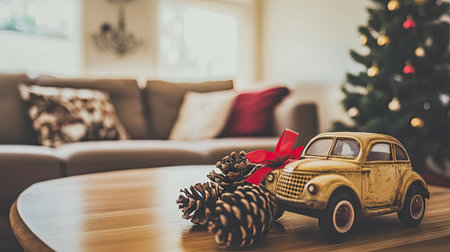 A small toy car with pine cones and red ribbon is placed on the coffee table in front of it, with an elegant living room background. The camera focuses at eye level to capture details and textures. This photo was taken using a Canon EOS R5 mirrorless camera with a standard lens, showcasing the intricate design of the antique toy. --chaos 30 --ar 16:9 --v 6.1 Job ID: 4f899c92-fe33-4666-bf9f-99c9624f107cの素材