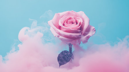 A pink rose made of smoke is floating in the air, with a blue background and a pink color scheme. It has an extremely delicate texture, captured by Canon cameras, and exudes a cinematic quality. --chaos 30 --ar 16:9 --v 6.1 Job ID: a27644ca-d321-499f-8290-8ad29a865788の素材