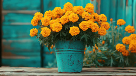 A rustic wooden background with yellow marigolds in an old, rusty can creates a warm and inviting atmosphere for product display. The flowers add color to the scene while being set against weathered wood textures. This setup is ideal for showcasing products or featuring floral designs on digital backgrounds. --chaos 30 --ar 16:9 --v 6.1 Job ID: 5d02a254-b69f-491d-8c80-80d264e95531の素材