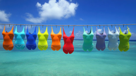 An array of swimsuits displayed on a clothing rack with the ocean breeze blowing, vibrant beach colors, crystal clear image --chaos 30 --ar 16:9 --v 6.1 Job ID: dfcad471-1287-4428-b56e-51a91cd0259eの素材