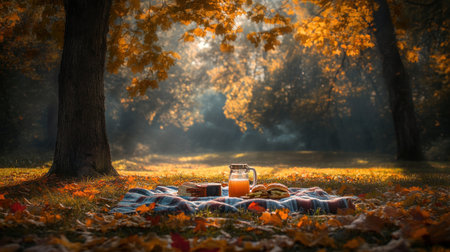 Autumn picnic in a park with a blanket, apple cider, and warm sandwiches, colorful fallen leaves around, soft light --chaos 30 --ar 16:9 --v 6.1 Job ID: 70ca338b-ccaf-440d-8db8-8031b43aaa6dの素材