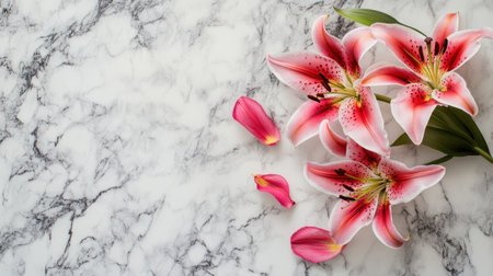 Beautiful pink lilies and petals on a marble background, top view with space for text. Stock photo contest winner, high resolution, high quality, high detail. --chaos 30 --ar 16:9 --v 6.1 Job ID: 799fac4a-5526-41e0-bcd8-beaf05656d4cの素材