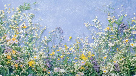 Beautiful spring flowers border on a pastel purple background with copy space for text, top view. Spring floral background. Banner design. Nature concept. --chaos 30 --ar 16:9 --v 6.1 Job ID: 7722e28e-0075-4057-8d7b-019d2659958aの素材