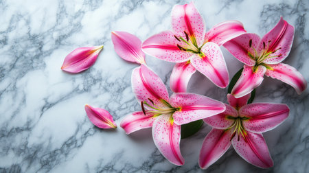 Beautiful pink lilies and petals on a marble background, top view with space for text. Stock photo contest winner, high resolution, high quality, high detail. --chaos 30 --ar 16:9 --v 6.1 Job ID: 799fac4a-5526-41e0-bcd8-beaf05656d4cの素材