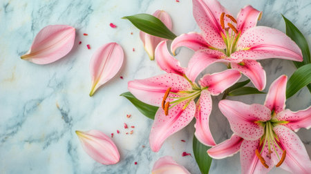 Beautiful pink lilies and petals on a marble background, top view with space for text. Stock photo contest winner, high resolution, super realistic, in the style of [Artist name]. --chaos 30 --ar 16:9 --v 6.1 Job ID: 9168ef4f-f565-4c2c-82db-ce159edcce8eの素材