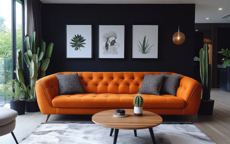 Photographer Chen Man's fashionable photography style features a European three-seater leather sofa with armrests, brown cushions on the seat, and light amber legs in front of it. The black wall is adorned with white patterns as decoration, creating a clean and simple modern design that exudes a classical American retro charm. In the living room filled with warm lighting, there is a cactus next to the coffee table, which gives people a feeling of calmness. --ar 8:5 --stylize 750 --v 6.1 Job ID: 12e70491-1dc6-409b-9896-26e7bd6b6829の素材