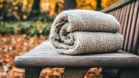 A neatly folded light cotton blanket in a neutral tone on a wooden bench, natural light enhancing the soft texture, HD quality --chaos 30 --ar 16:9 --v 6.1 Job ID: 478888fd-ad5e-4e32-9514-e2a0e56ce278の素材