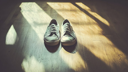 A pair of lightweight canvas shoes placed neatly on a light wooden floor, natural light streaming in, sharp and vibrant HD quality --chaos 30 --ar 16:9 --v 6.1 Job ID: 3f9cc8b7-6580-437c-8e59-aca849f26ea8の素材