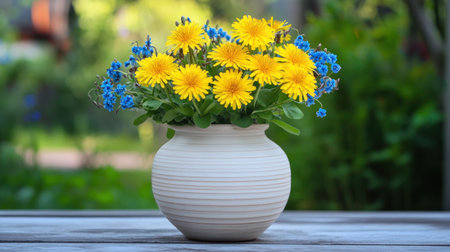 A white ceramic vase with yellow dandelions and blue forget-me-nots, placed on an old wooden table in the garden, with a blurred greenery background. The flowers create vibrant colors against the soft pastel hues of spring. --chaos 30 --ar 16:9 --v 6.1 Job ID: eb659350-f3d3-4bb8-a7d6-70df5d4601faの素材