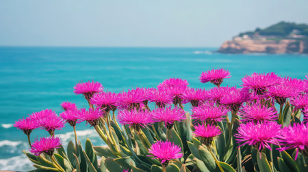 A photograph of vibrant pink ice plant flowers on the edge, overlooking an ocean with islands in the background. It's a sunny day with a blue sky, taken from the right side, in the style of Canon EF 70-200mm f/4L IS USM. --chaos 30 --ar 16:9 --v 6.1 Job ID: 4dce9d60-1a5f-482f-9d2f-9bac53ac8fc8の素材