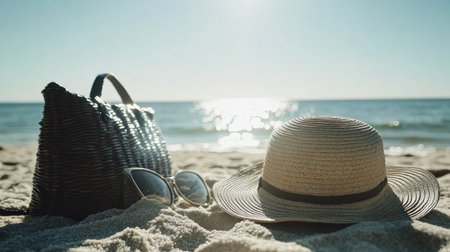 A wide-brimmed hat on the sand, next to a beach bag and sunglasses, with the sun glistening on the water in the background --chaos 30 --ar 16:9 --v 6.1 Job ID: e9cd1fe1-f57d-4264-9298-ac3ffac5d3d8の素材