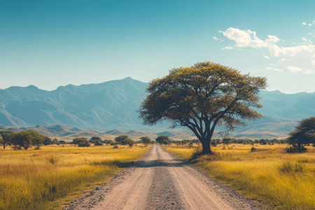 A beautiful tree stands on the side of an African dirt road, leading to distant mountains. The photo was taken with a Canon EOS R5 and has high resolution. In front is a vast grassland, surrounded by acacia trees. It's a sunny day. --ar 3:2 --v 6.1 Job ID: 59b8ef67-e958-4441-9681-e125511adfacの素材