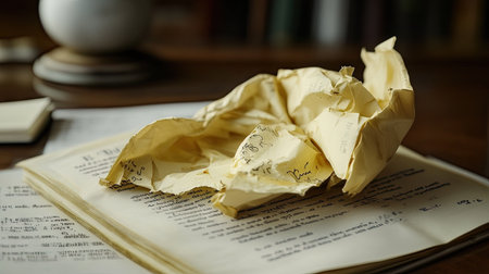 Generate an image of a crumpled legal document revealing evidence of fraud, its intricate details rendered flawlessly in 4k --chaos 30 --ar 16:9 --v 6.1 Job ID: 2993dc1e-cf94-4ff3-bd8e-ae5be5aeca50の素材