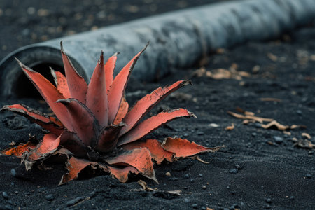 Close-up of dead and withered red agave, damaged and broken-off plant leaves in the desert near an old grey plastic pipe on black sand. --ar 3:2 --v 6.1 Job ID: 5566c69f-4228-484b-bb19-705e12fe4d6cの素材