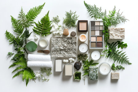 A flat lay composition of spa products and plants on a white background, viewed from above. The top left corner features fern leaves, while the right side has body candles, cotton cloths, green branches, scattered makeup items like eyeshadow palettes or bottles with cosmetics inside, and some soap bars. There is space in between for text or graphics. This setup creates an elegant atmosphere suitable for beauty advertising. --ar 3:2 --v 6.1 Job ID: 0fc844a6-5ee2-42a6-9748-7c9f687b1752の素材