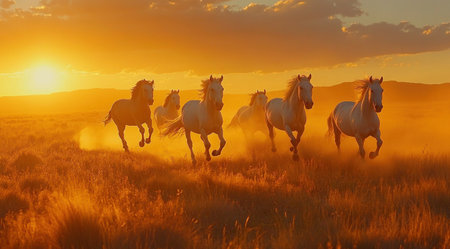 Seven white horses running in the sunset, wide shot, in the style of National Geographic photography. --ar 128:71 --v 6.1 Job ID: ff4187a1-f684-4860-9bef-cf0048b69c74の素材