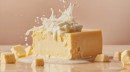 A piece of cheese is being cut and falling into the air, with splashes of milk around it. The background color should be beige or light brown to highlight the white colors of cream in the splash. In the foreground, there will also be some small cubes of cheddar cheese scattered on the table. This scene creates an atmosphere of freshness and appetite for eating delicious yellow cheese, in the style of ultra-realistic photography --chaos 50 --ar 16:9 --stylize 500 --v 6.1 Job ID: 61c27713-fbed-4c61-a8b0-65ada86735b9の素材