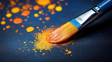 A paintbrush with blue bristles, holding yellow and orange paint, creating vibrant color splashes on a dark navy background. High-quality photograph. Studio lighting. Minimalist stock photography style. The brush is placed at the bottom right of an isolated canvas, with scattered colorful dots representing different colors being applied --chaos 30 --ar 16:9 --stylize 500 --v 6.1 Job ID: 59606c15-0c32-40f8-ade1-3fab8adca5b7の素材