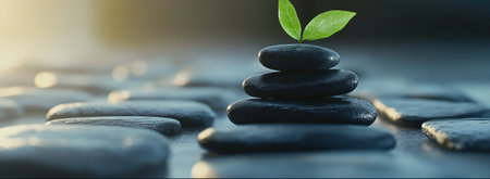 A tranquil background with gentle gradient colors, featuring black pebbles arranged in balanced stacks and a single green leaf on top of the highest stack. The focus is sharp against the blurred backdrop, creating an atmosphere that suggests a balance between nature's tranquility and modern wellness practices. This composition adds depth to your product display presentation. High resolution. --ar 41:15 --v 6.1 Job ID: cb075b37-f34e-489e-a815-7a63bafc7e70の素材