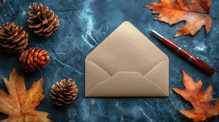 An envelope with an open corner on the right, placed next to a pen and autumn leaves on a dark blue marble surface. --chaos 30 --ar 16:9 --stylize 500 --v 6.1 Job ID: cfe995fc-497f-4a2a-87dd-e05acfa473e0の素材