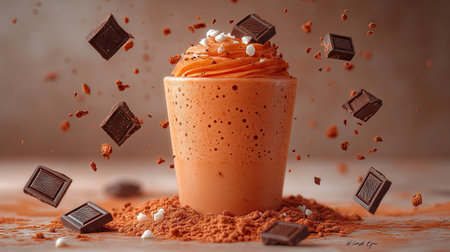Photograph of a chocolate milk drink with pieces of dark and white chocolate falling through the air against a light background, high detail, ultra-realistic photo, in the style of Canon EOS. --chaos 50 --ar 16:9 --stylize 500 --v 6.1 Job ID: 72c42970-959e-4e5a-8279-8c0df03a44d2の素材