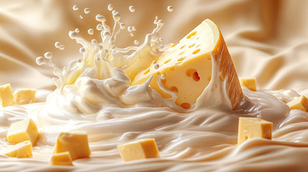 A piece of cheese is being cut and falling into the air, with splashes of milk around it. The background color should be beige or light brown to highlight the white colors of cream in the splash. In the foreground, there will also be some small cubes of cheddar cheese scattered on the table. This scene creates an atmosphere of freshness and appetite for eating delicious yellow cheese, in the style of ultra-realistic photography --chaos 50 --ar 16:9 --stylize 500 --v 6.1 Job ID: 61c27713-fbed-4c61-a8b0-65ada86735b9の素材