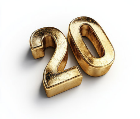 3D golden number "20" on a white background, in a simple style, front view, high resolution. --chaos 30 --ar 92:79 --stylize 500 --v 6.1 Job ID: ed29ccd6-25ec-4c36-a3a7-428064915a3eの素材