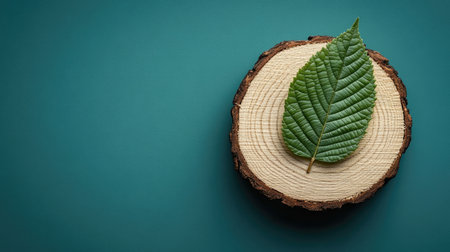 A wooden slice with a green leaf on it, placed against a teal background with subtle shadows and highlights for an eco-friendly product presentation. The leaf adds organic contrast to the scene, creating a visually appealing composition --chaos 30 --ar 16:9 --stylize 500 --v 6.1 Job ID: 0fd2d405-6eda-41cd-8df3-d7dc01ef063aの素材