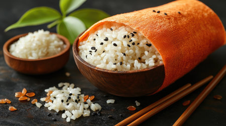A wooden bowl of rice wrapped in an orange cloth, next to chopsticks and another small container with white grains on the table. The background is a dark black. There is no text or logo visible. --chaos 30 --ar 16:9 --stylize 500 --v 6.1 Job ID: daf0ca7a-df01-47c1-b41b-4163577eaf9eの素材