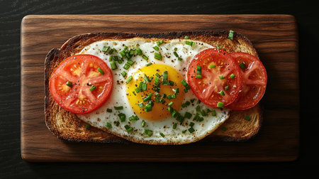A delicious-looking fried egg on toast, with tomato and green onion, on an oak serving board. Top view, high-resolution photography, high detail, stock photo, in a black background --chaos 30 --ar 16:9 --stylize 500 --v 6.1 Job ID: 6bed400d-32bc-481c-93f2-e57727879d06の素材